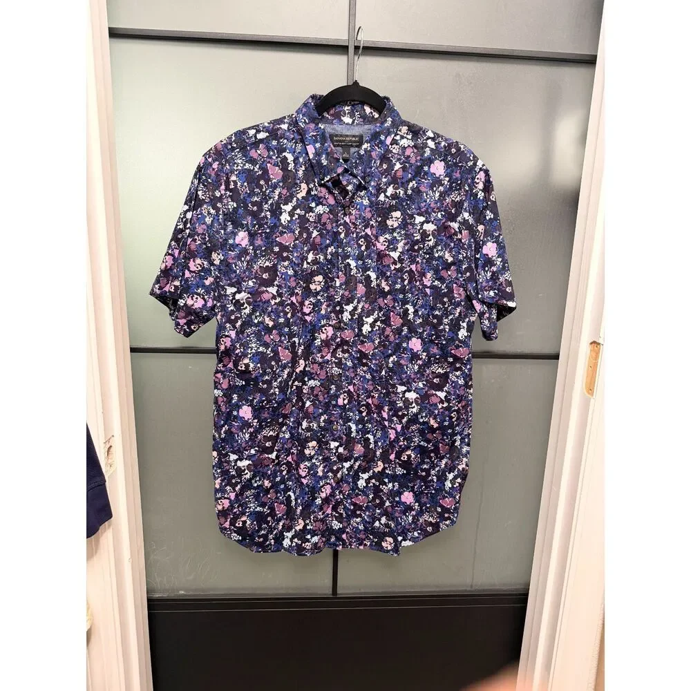 Banana Republic Floral Button Down Shirt Men Purple Blue Cotton Size Large